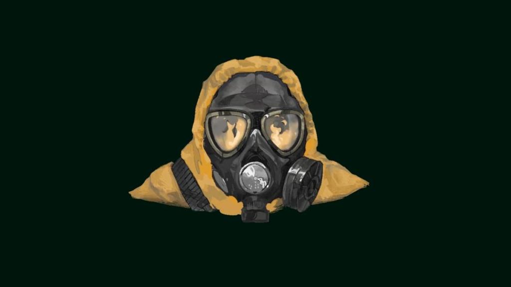 A shot of the protagonist in a FEMA outfit with fire blazing in the reflection of his gas mask