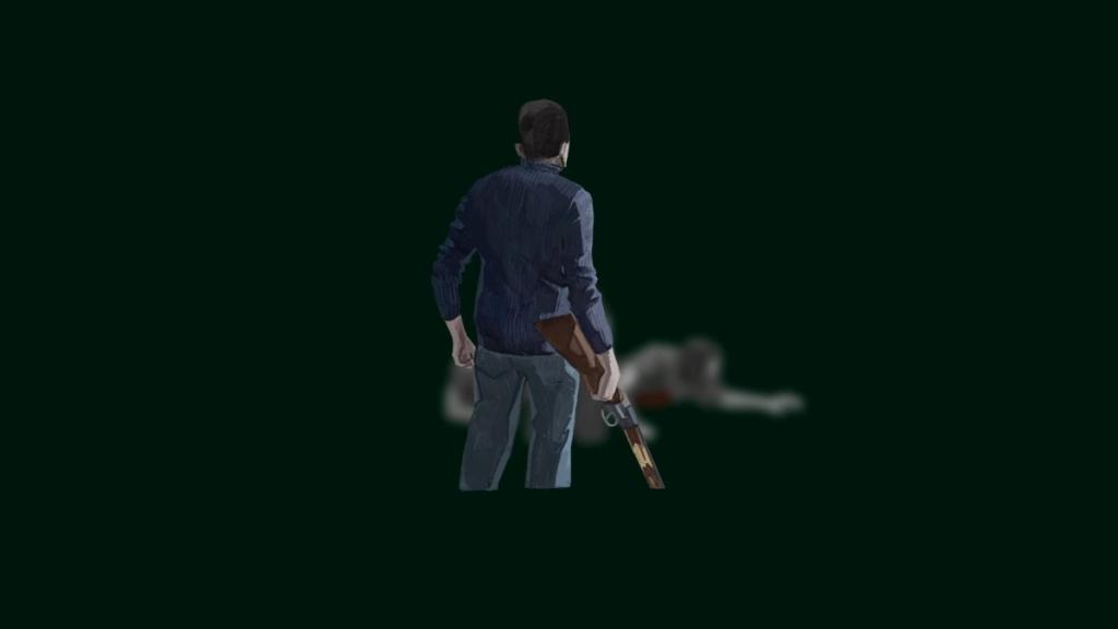 The back of the protagonist, armed, looking at wounded people crawling in the distance