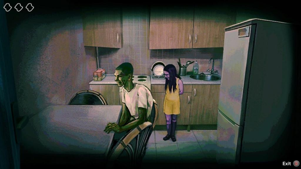 Looking at amogus guy and little girl in the kitchen