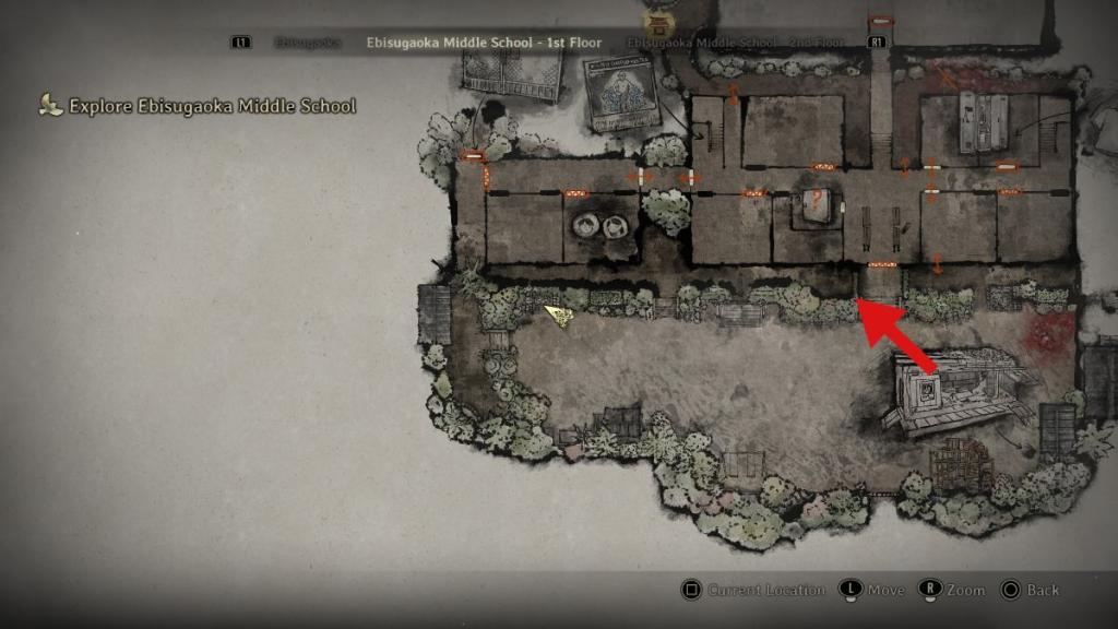 An arrow pointing at the flowerbed next to the school front door in the schoolyard for the 2F Key