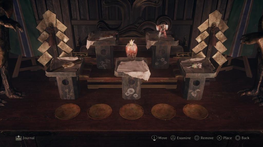 Altar puzzle: fan (bottom left), jar (middle), rat (bottom right), fish (top left), and bird (top right)