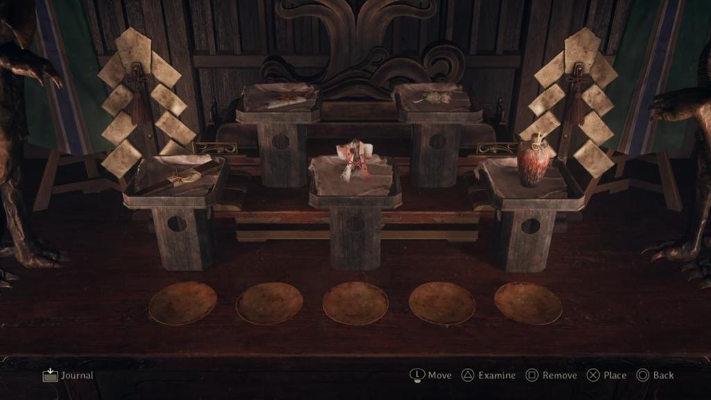 Altar Lost in the Fog solution: Fan (bottom left), Bird (middle), Jar (bottom right), Fish (top left), and Rat (top right) on podiums