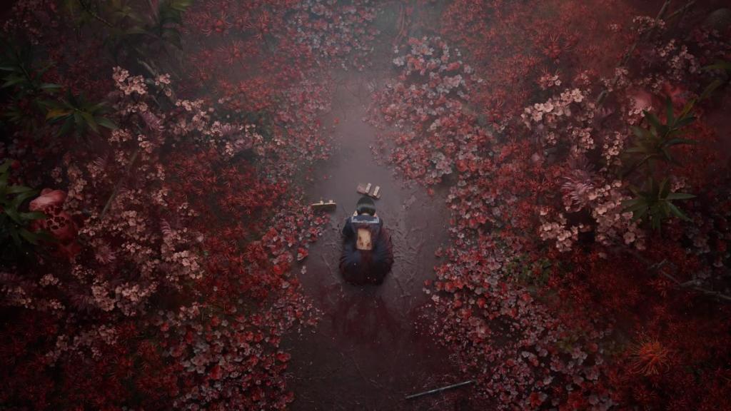 Birds eye view shot of a devastated Hinako on her knees, surrounded by Otherworld flowers, looking at geta sandals