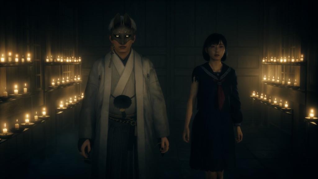 Fox Mask and Hinako in a candlelit corridor