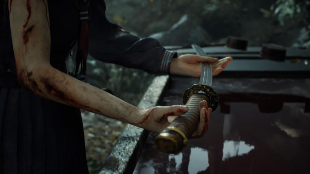 Hinako submerging Sacred Sword into pool of blood