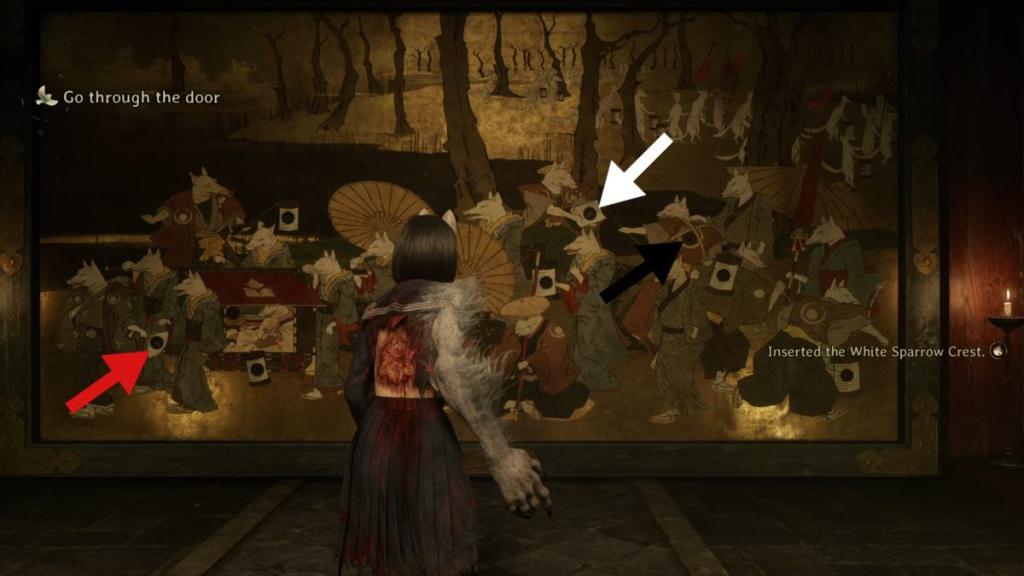 Mural puzzle with Fox Crest in far left fox fan, White and Black Sparrow Crests on two foxes fighting at the back of the group