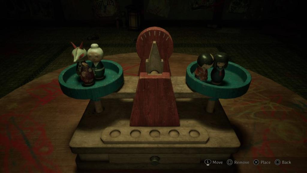 Left scale: Fox, elderly woman, headless girl. Right scale: Two girl figurines