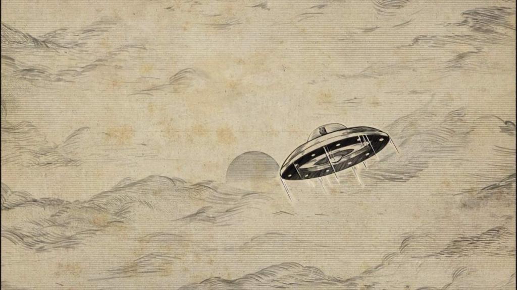 Manga illustration of a shiba inu piloting a UFO