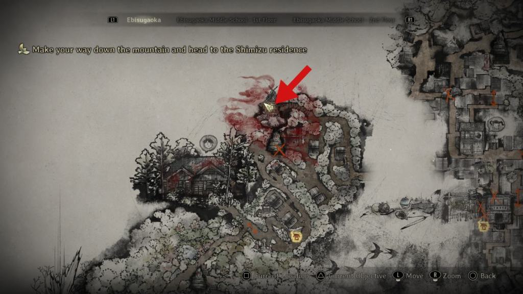 The Oinari-sama location on the Ebisugaoka map in the top left corner, above Shu's house and fifth Jizo statue