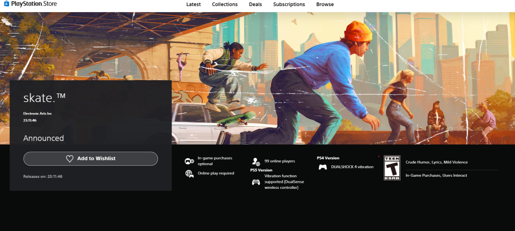 Skate's store page on the PlayStation network