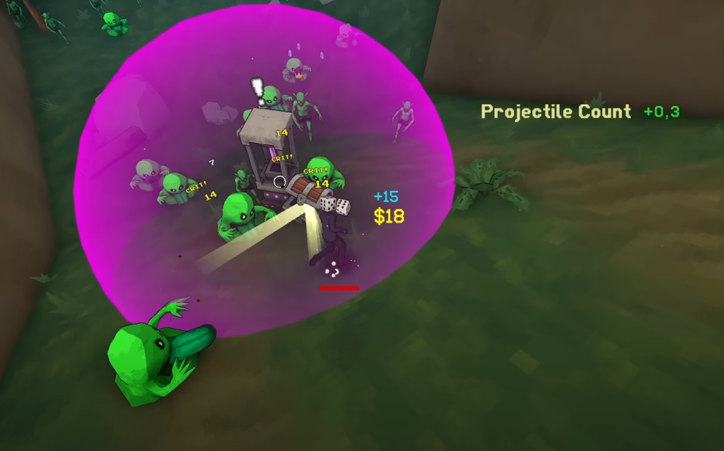 Dicehead dealing with multiple enemies in Megabonk