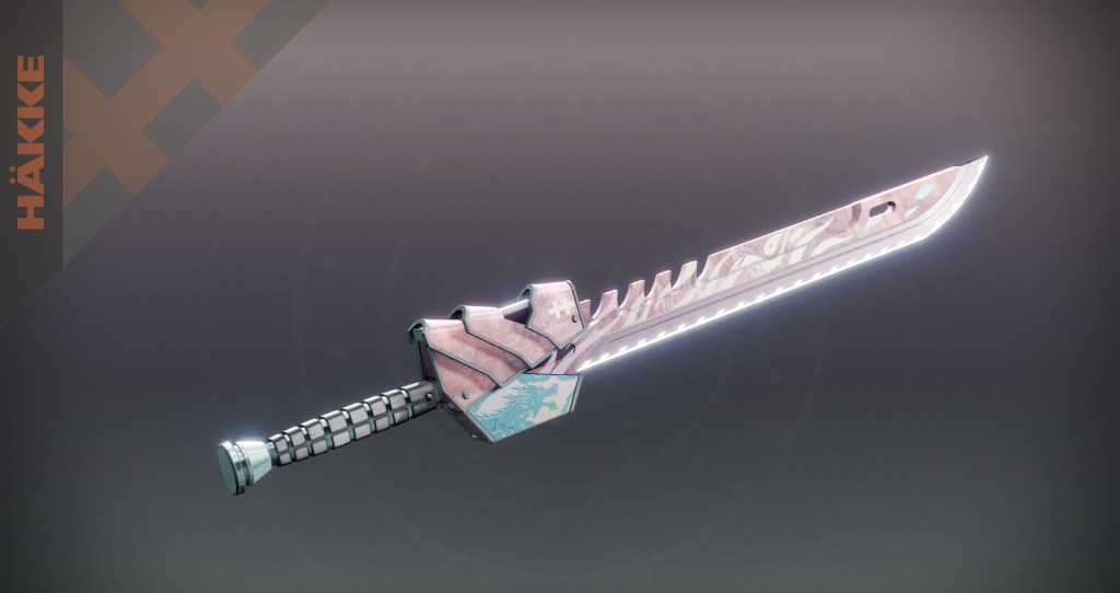 The Synanceia sword in Destiny 2, with a light pink and blue color scheme.