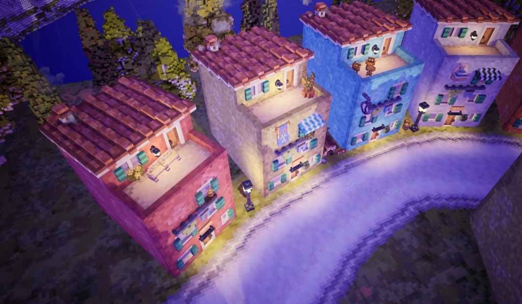 Four houses of different colors sit against a curved road. The furthest left house, a red one, has a bench on the upper patio that is slightly crooked