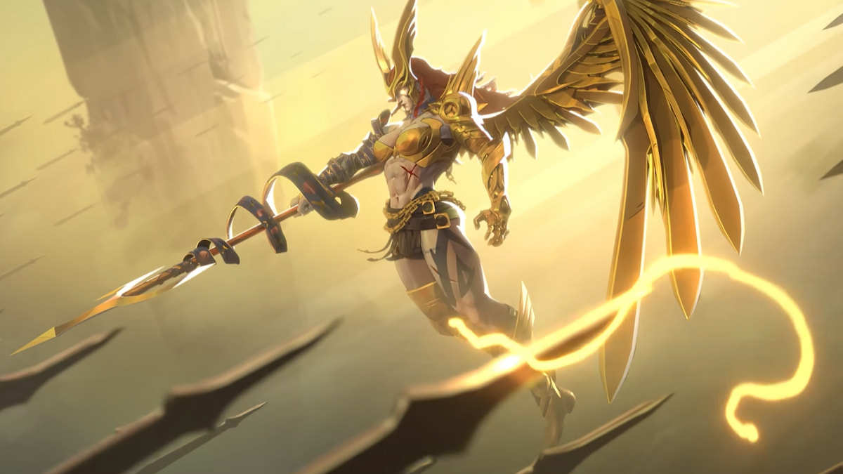 Angela flying through the sky holding out a spear in marvel rivals