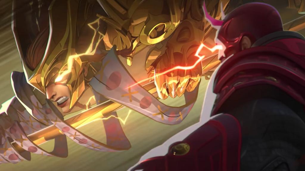 Angela flying past daredevil in a fight in marvel rivals