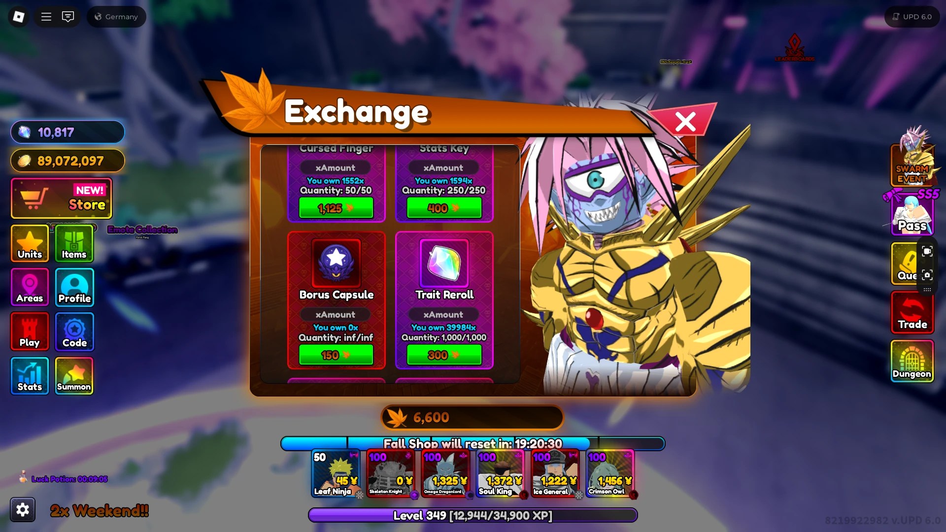 Preview of the Swarm Event Borus Capsules in Anime Rangers X Roblox experience.