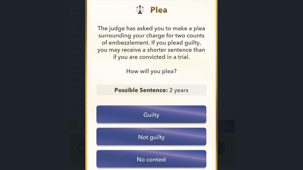 BitLife option to plea guilty or not guilty