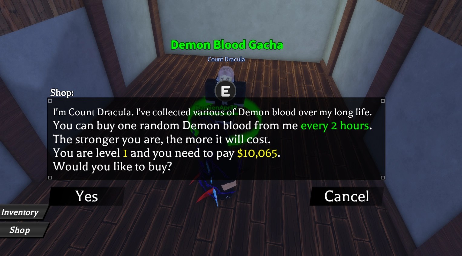 Location of the Blood Demon Art Gacha NPC in Demon Blade Roblox experience.