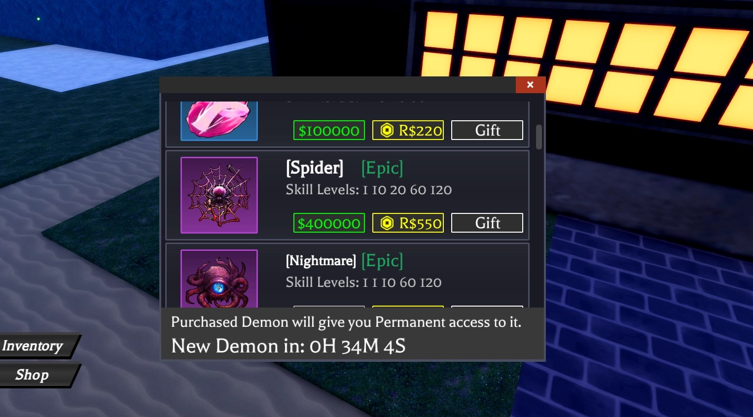 Preview of the Blood Demon Art Dealers stock in Demon Blade Roblox experience.