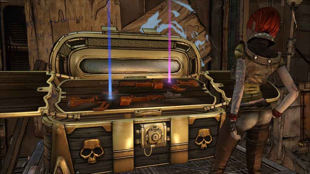 A Borderlands character standing in front of a chest with items in it. 