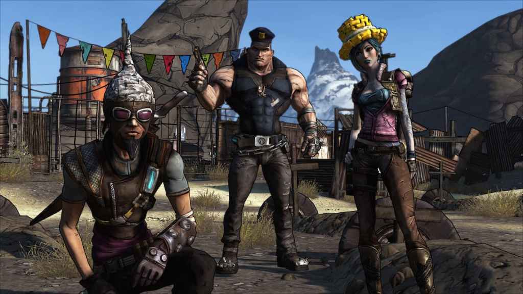 Several characters in Borderlands sitting and standing in the Arid Badlands. 