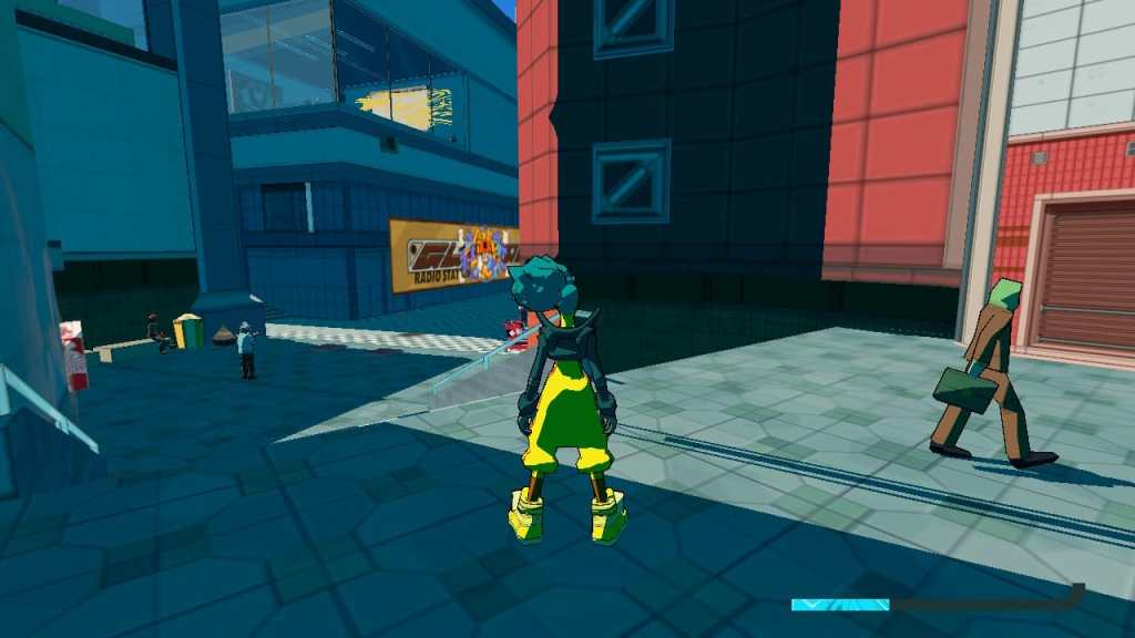 A screenshot of Bomb Rush Cyberfunk showing a taggable wall in yellow.