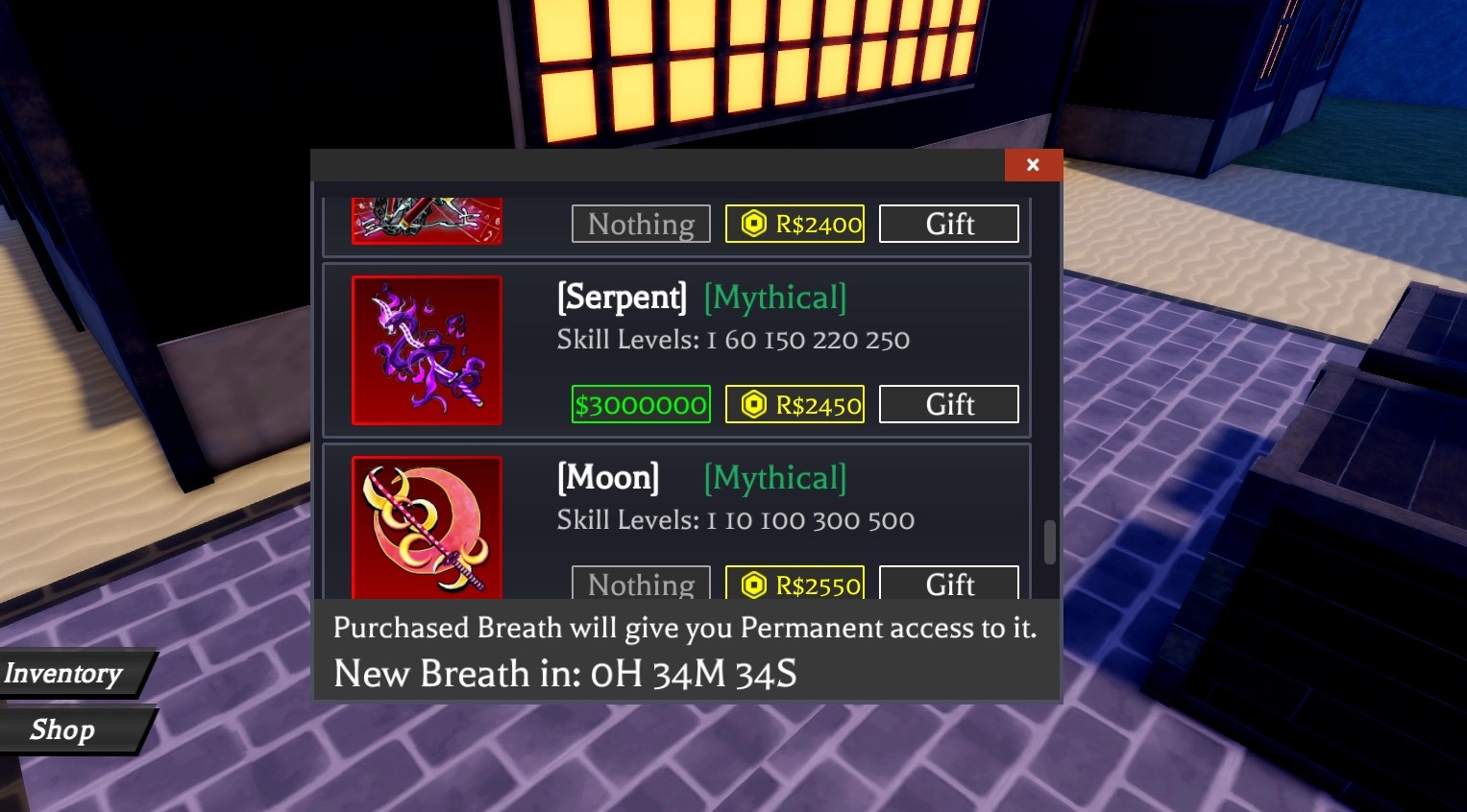 Preview of the Breath Style Dealers stock in Demon Blade Roblox experience.