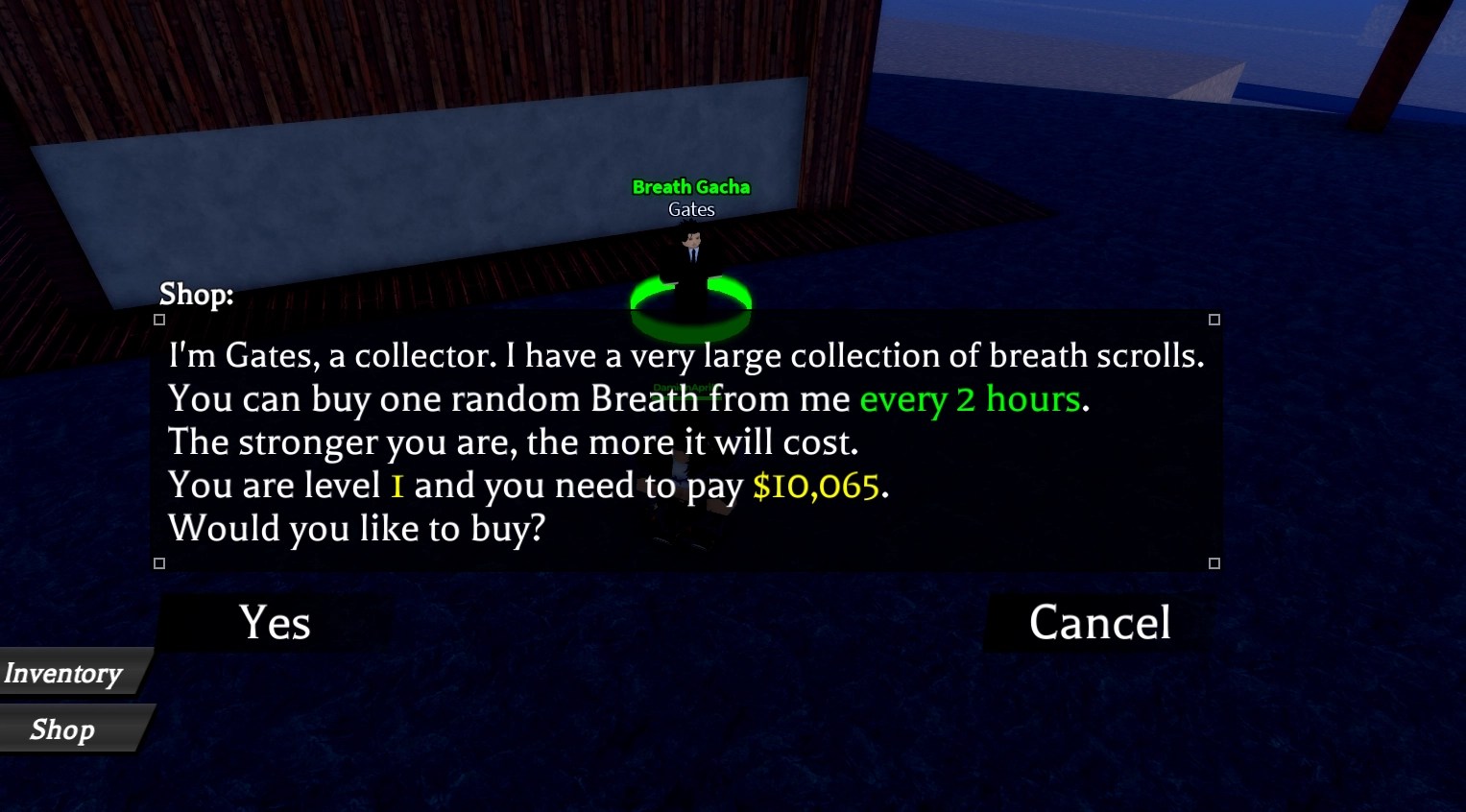 Location of the Breath Style Gacha NPC in Demon Blade Roblox experience.