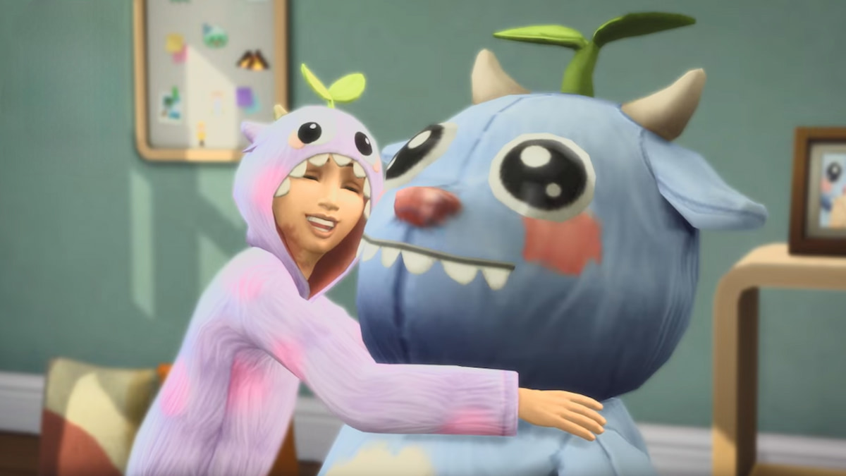 A child sim hugging a plush in the sims 4