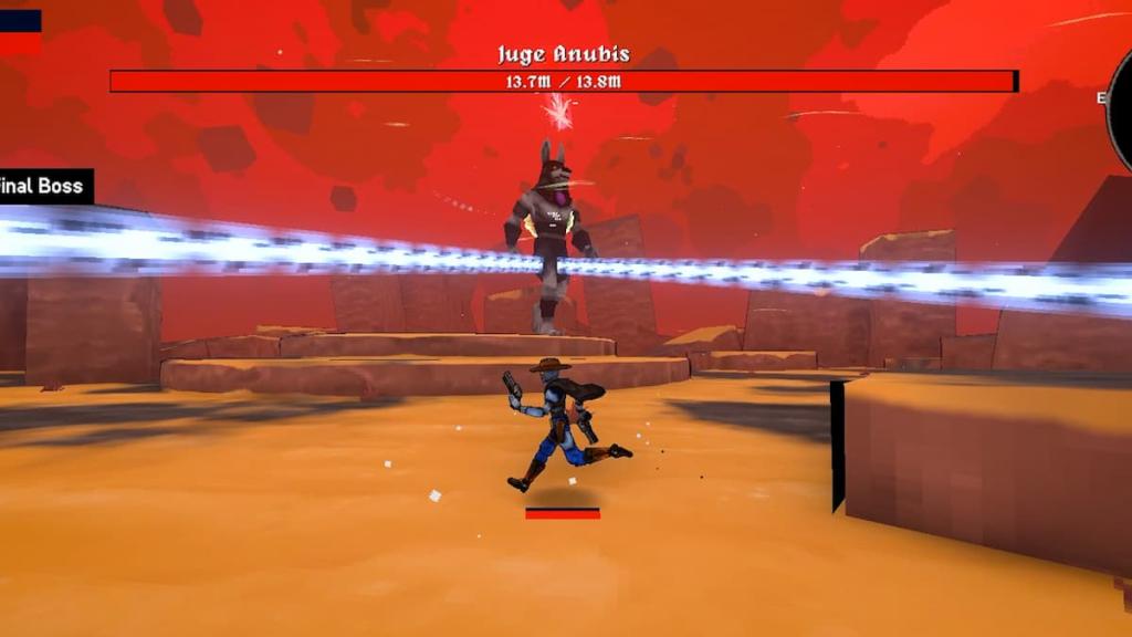 A gunman running around a giant Anubis in Megabonk.