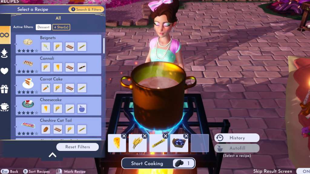 Looking through four-star desserts in disney dreamlight valley and preparing to cook one