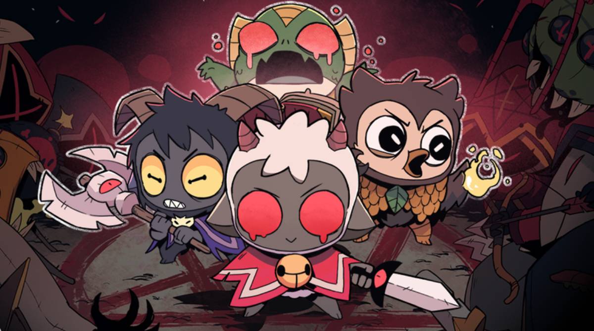 Several characters from the game Cult of the Lamb appear facing forward with weapons