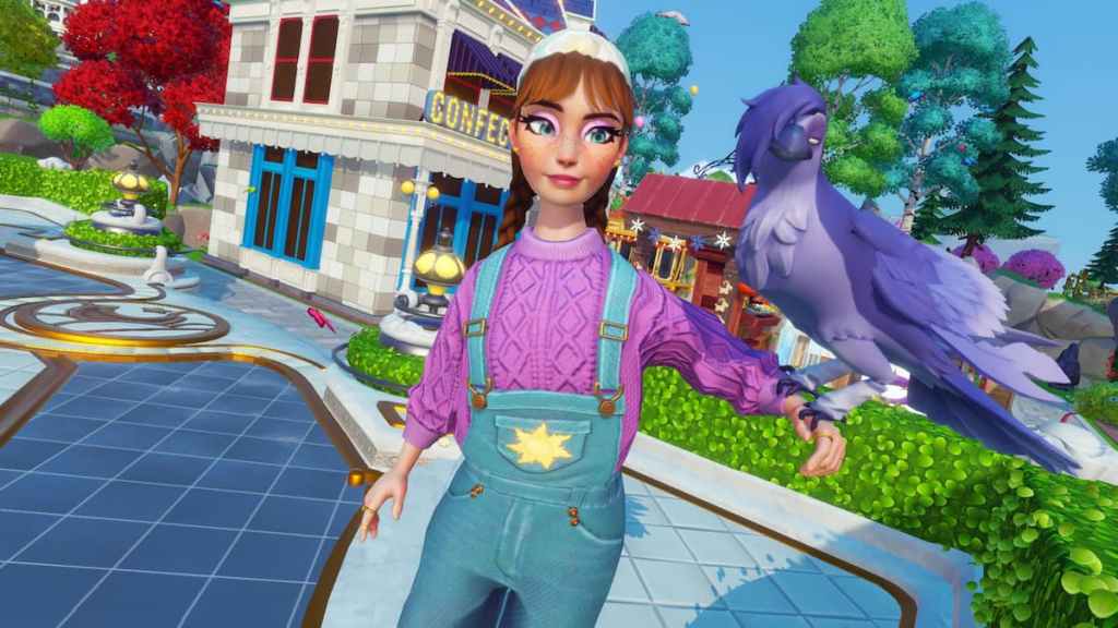 A character in pink and blue overalls holding a purple ennui raven in disney dreamlight valley