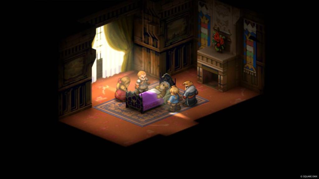 Characters gather round an elderly character in a bed