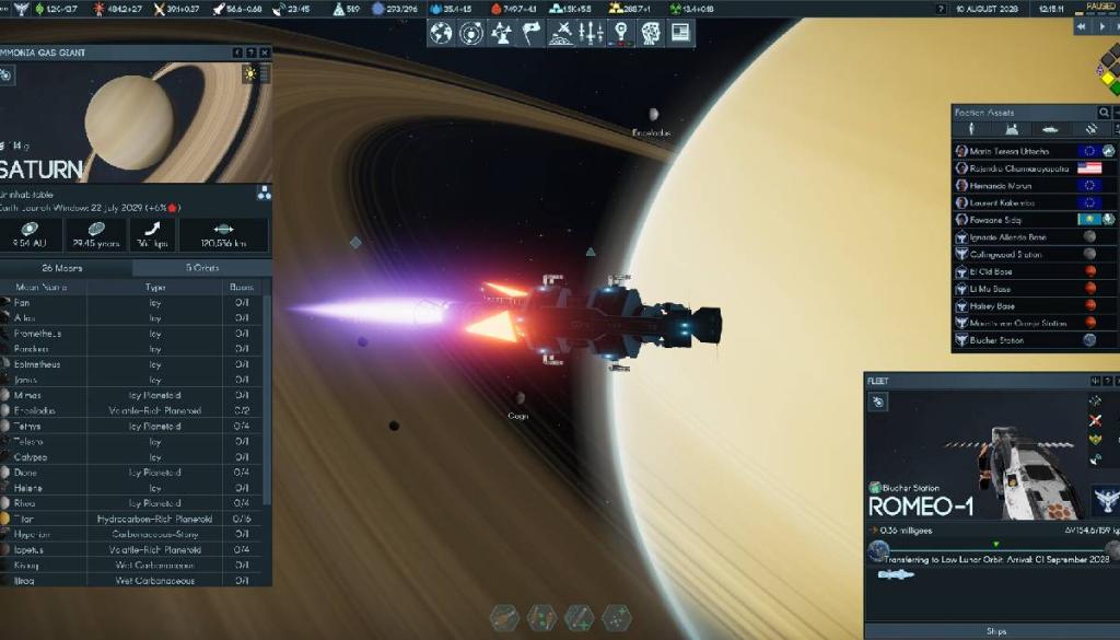 A spaceship flies through space with a planet visible in the background