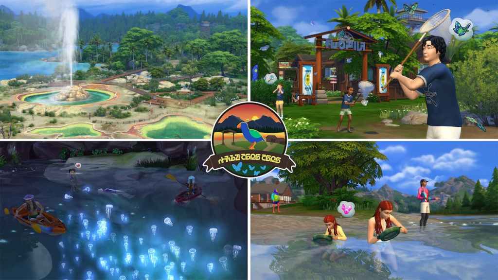 Four shots of gibbi point world in the sims 4, including a geyser, a camp with butterfly catching, a moon jelly area, and sims panning for gold