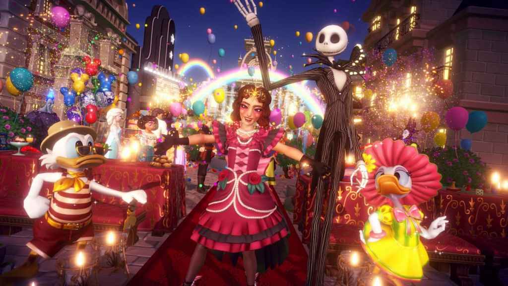 A character in a dark pink and red rose dress standing at a party with jack skellington, scrooge mcduck, and daisy duck in disney dreamlight valley