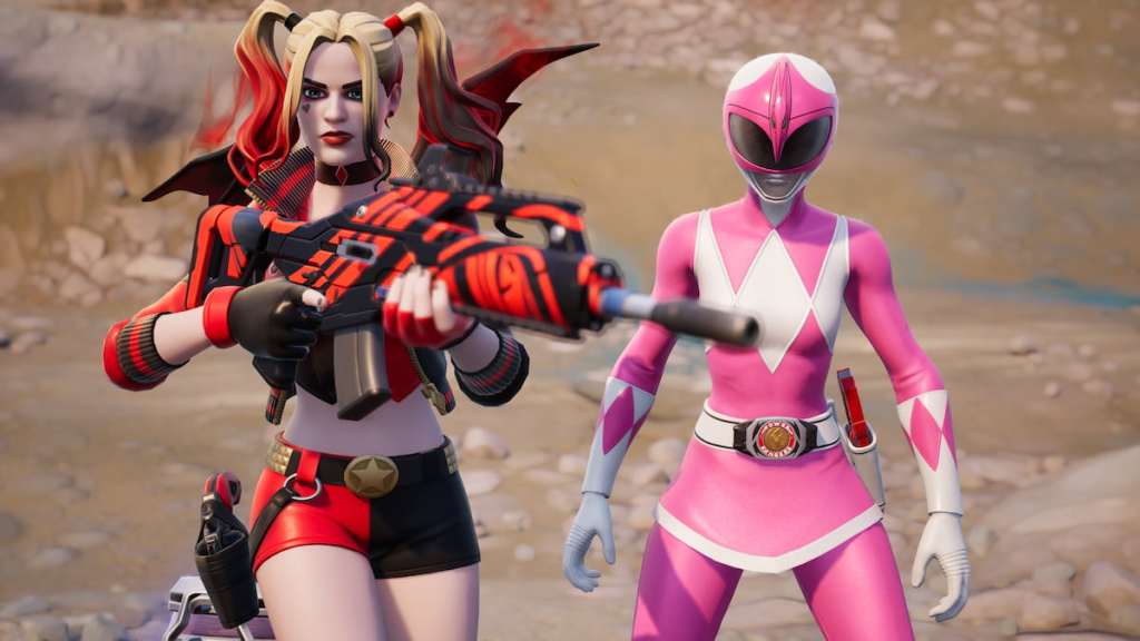 Harley quinn standing next to the pink ranger in fortnite