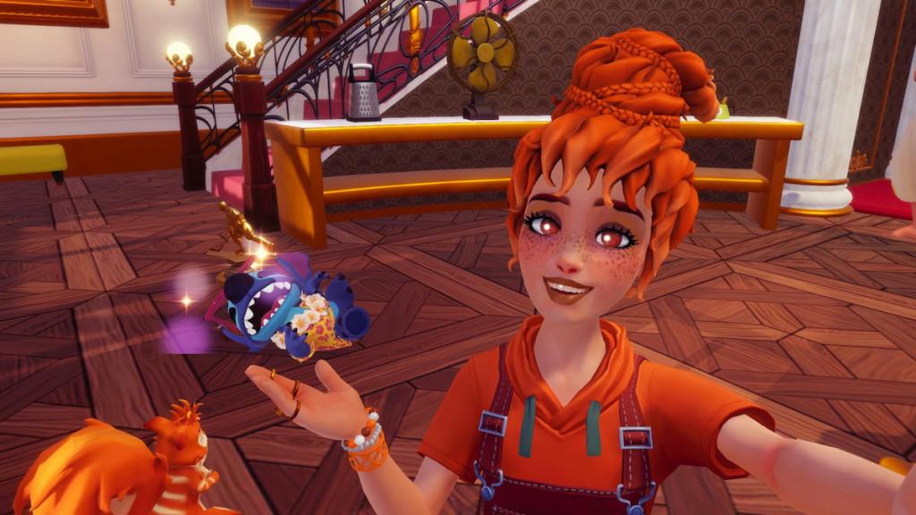 A player with orange hair and orange overalls pointing out a hockey trophy on the ground by stitch in disney dreamlight valley