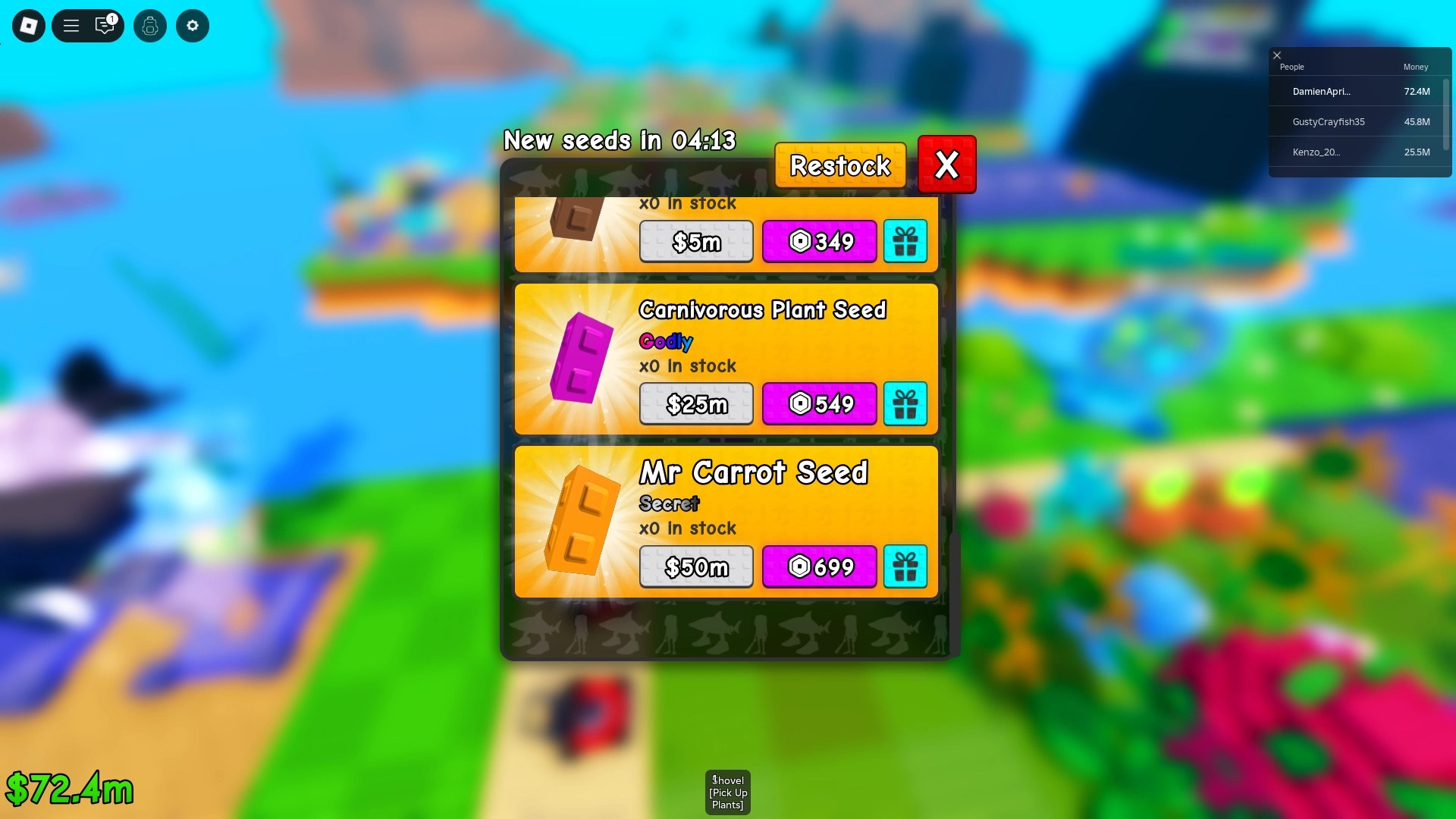 Preview of the seed shop in Plants vs Brainrots Roblox experience.