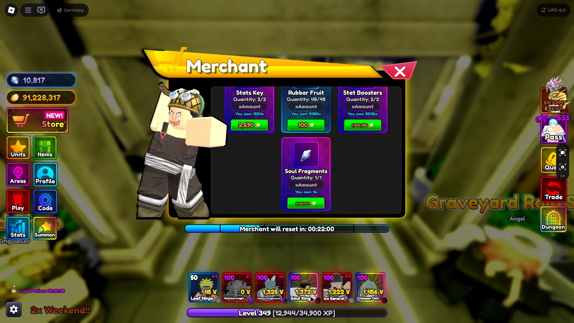 Preview of the merchant shop in Anime Rangers X Roblox experience.
