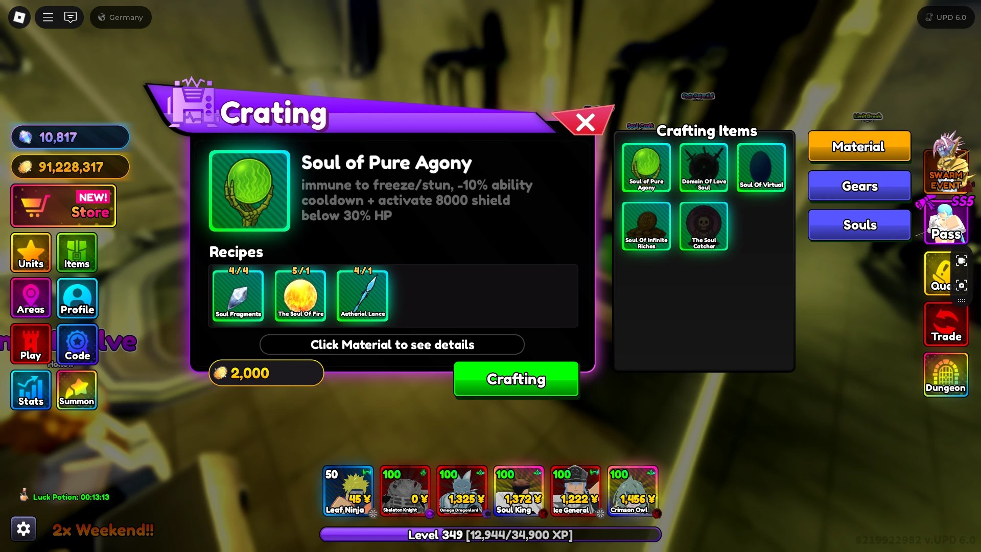 A player crafting the Soul of Pure Agony in Anime Rangers X Roblox experience.