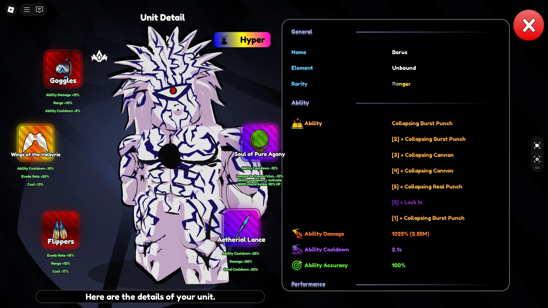 Preview of the Details menu of a unit in Anime Rangers X Roblox experience.