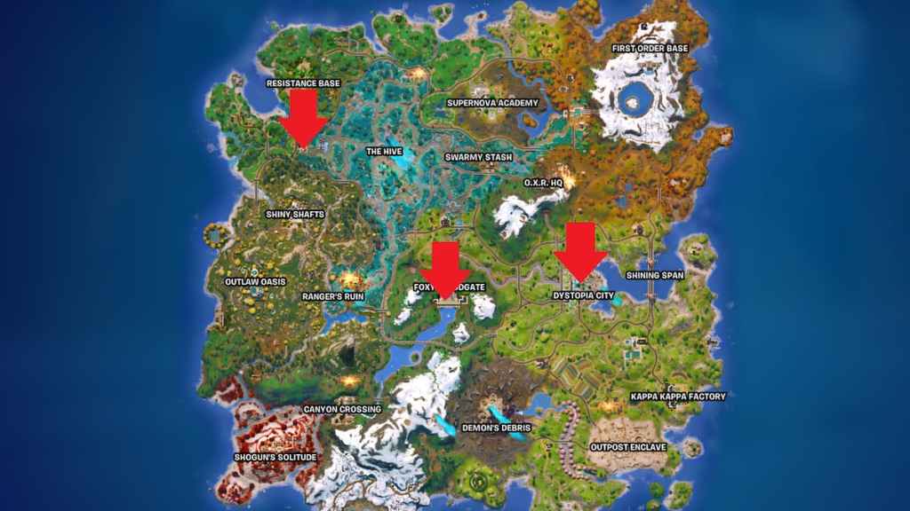 hunter shadow briefing locations marked on island map in fortnite
