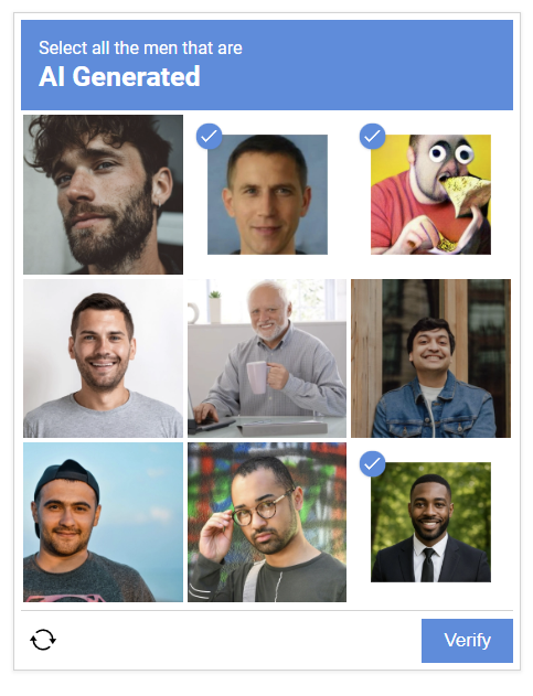 A series of photos showing men in a captcha-like box.