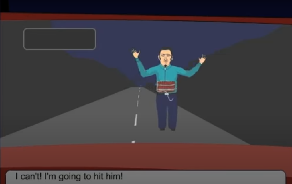 A man with terrible posture and poor life choices is standing in the middle of a road with a bunch of dynamite strapped to his waist, trying to get a car to stop
