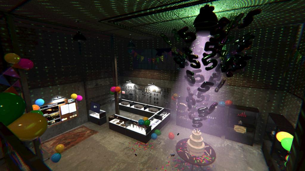 Looking down at the anniversary lobby with balloons, cake, and confetti in phasmophobia