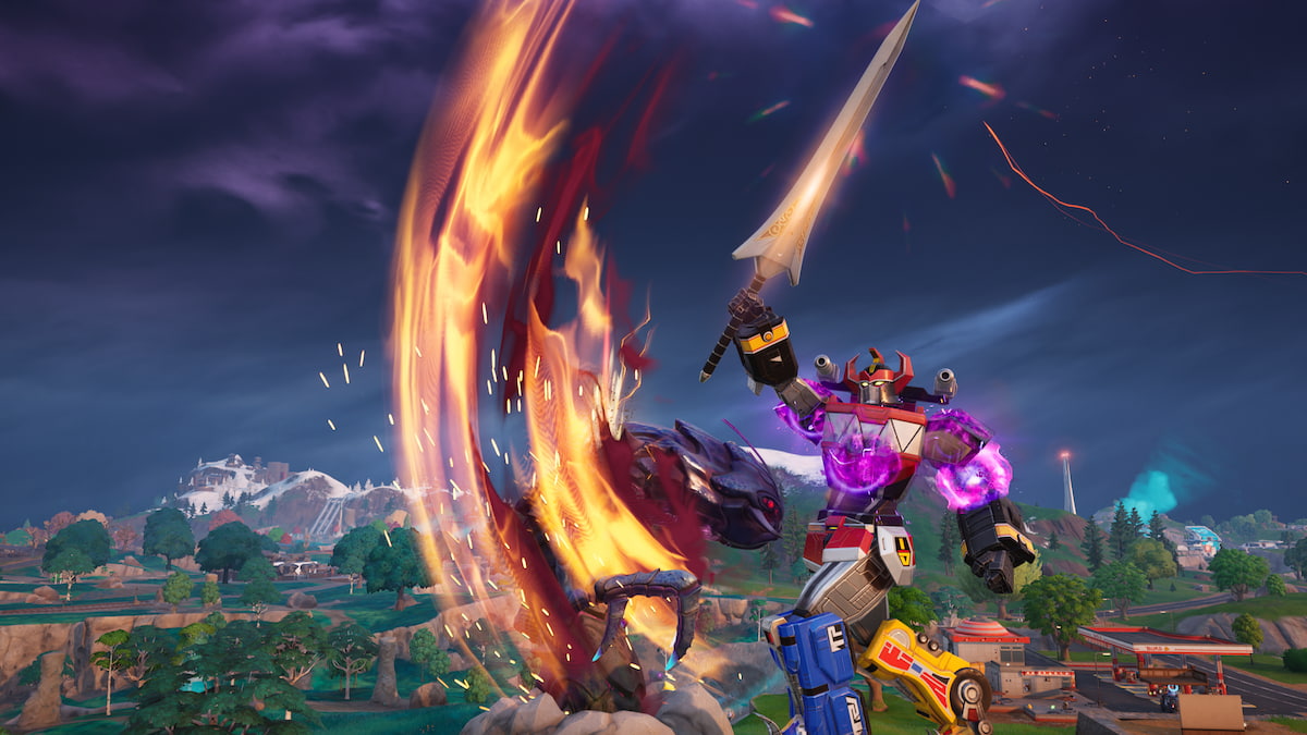 Megazord striking Bug Queen and holding up sword in victory in fortnite