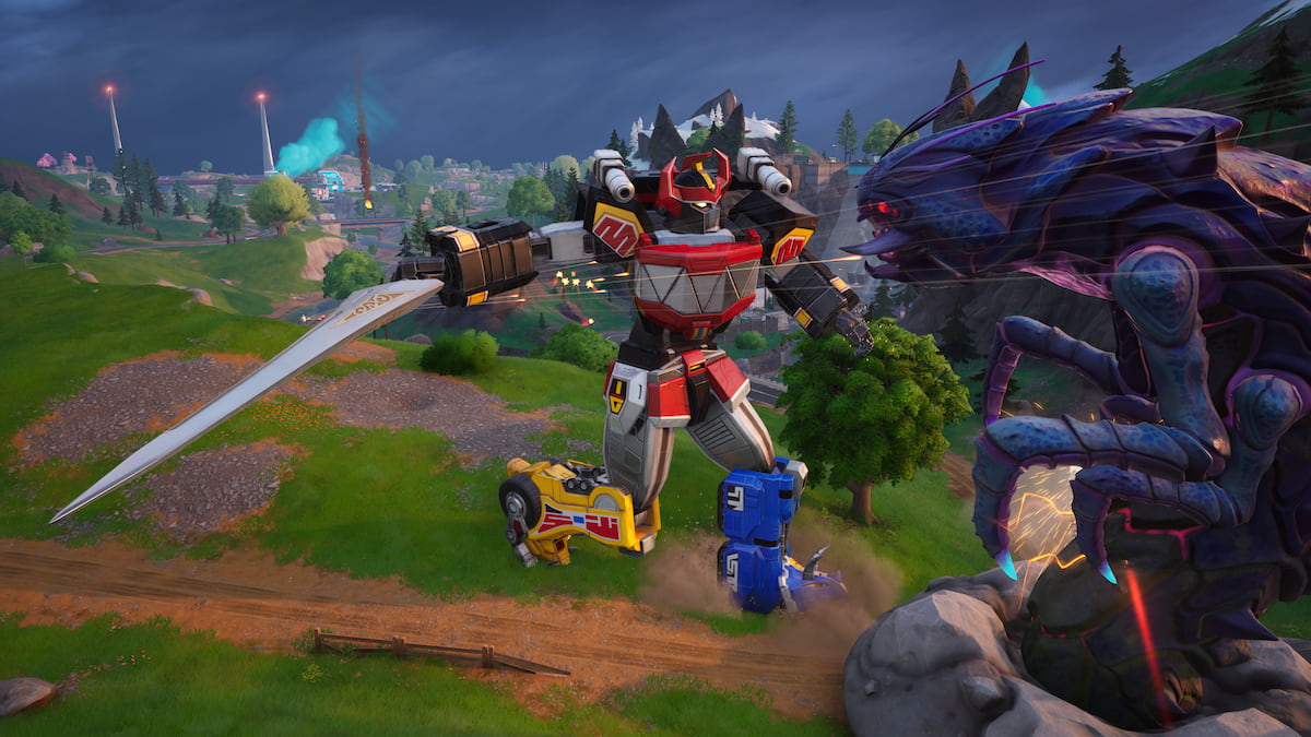 Megazord striking bug queen with a meteor falling through the sky behind them in fortnite
