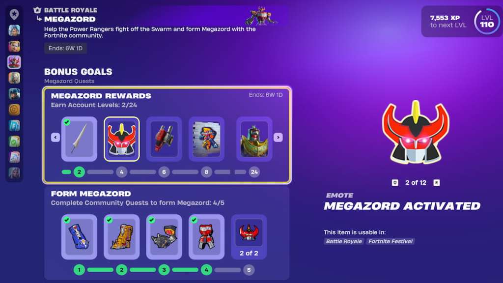 The Megazord quest page with rewards displayed in fortnite